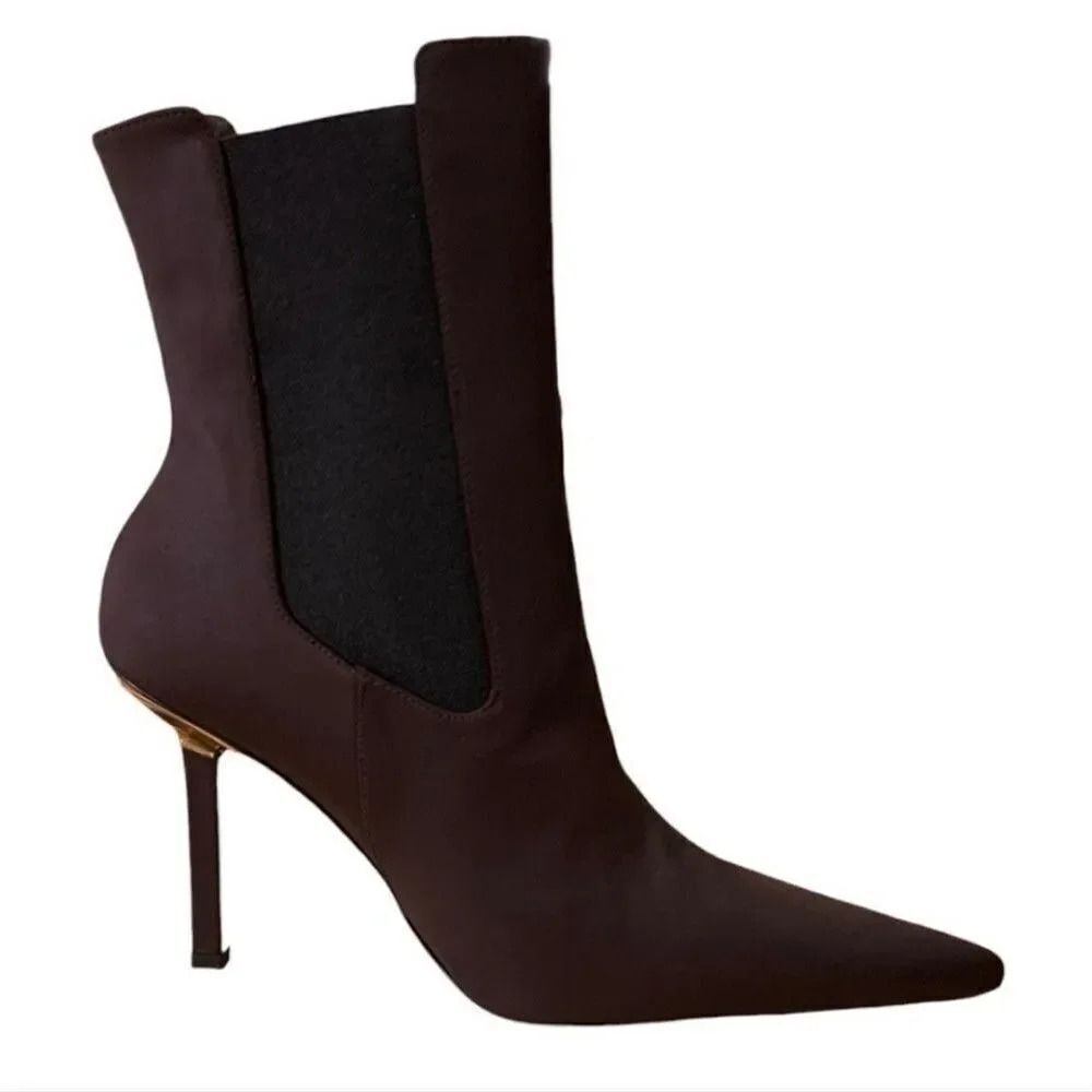 NEW Good American Neoprene Chocolate Brown Heeled Ankle Boots Size 10